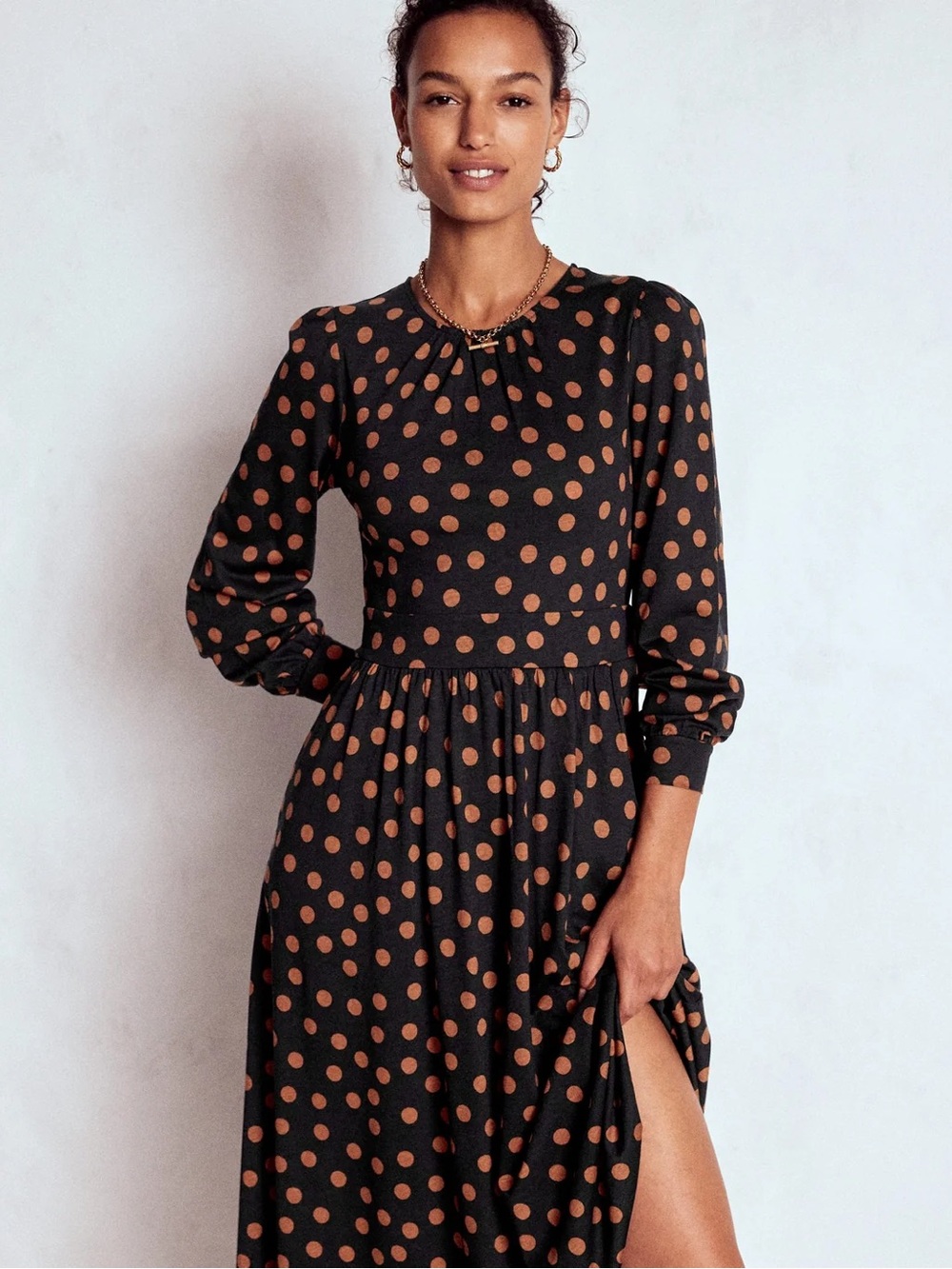 NWT Boden Alexandra Jersey Midi Dress in Black with Tortoise Shell Dot Size: 12R